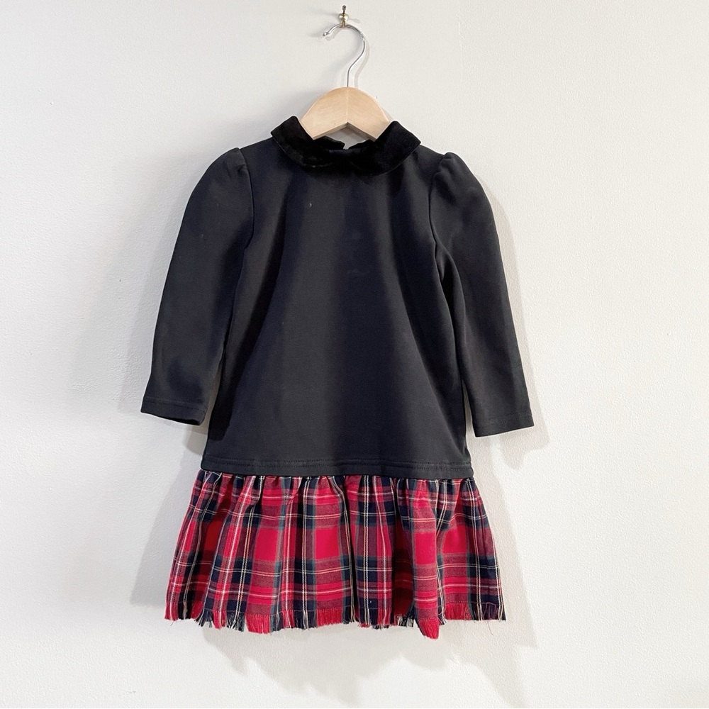 POLO Ralph Lauren Drop Waist Dress Black Tartan Plaid Collar Button, Girls 4/4T